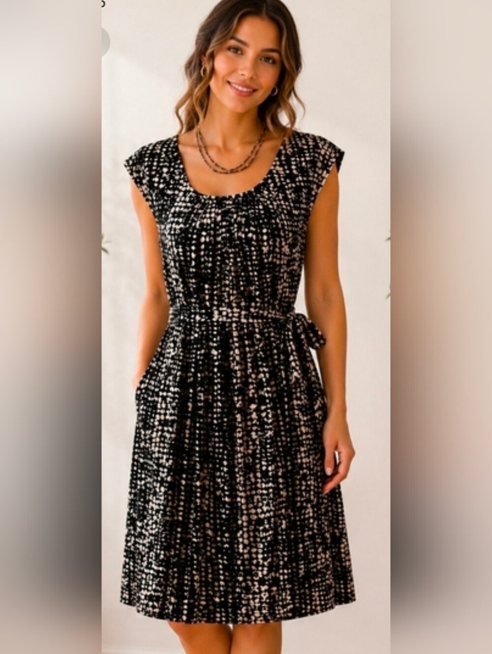 Daisy Fuentes Black, white, and beige Printed Midi Dress with wrap belt size M